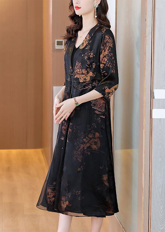 Black Oriental Silk Cardigan Embroideried Chinese Button Summer