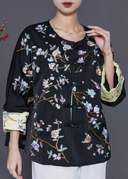 Black Oriental Silk Coat Oversized Embroidered Spring