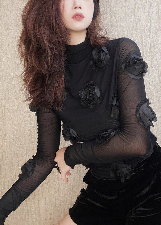 Black Original Design Tulle Spring T Shirts Turtleneck