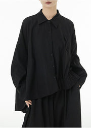 Black Oversized Cotton Blouse Tops Low High Design Batwing Sleeve