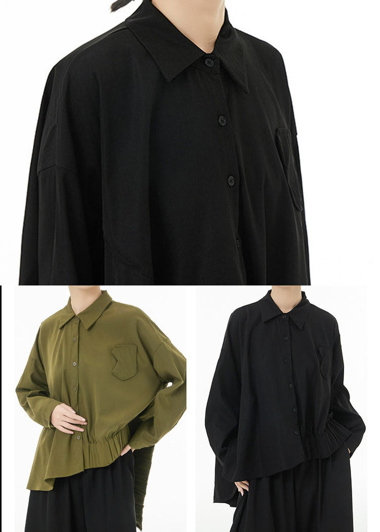 Black Oversized Cotton Blouse Tops Low High Design Batwing Sleeve