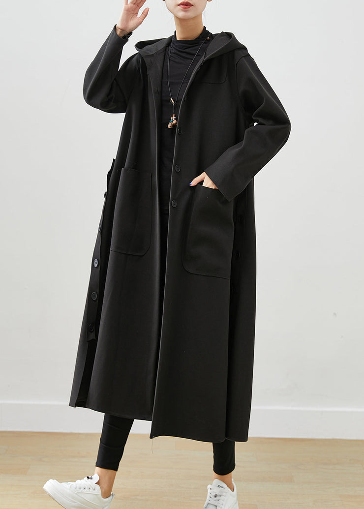 Black Oversized Cotton Coat Hooded Pockets Fall