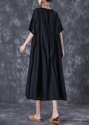 Black Oversized Cotton Dresses Asymmetrical Wrinkled Flare Sleeve