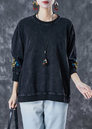 Black Oversized Cotton Pullover Sweatshirt Embroidered Fall