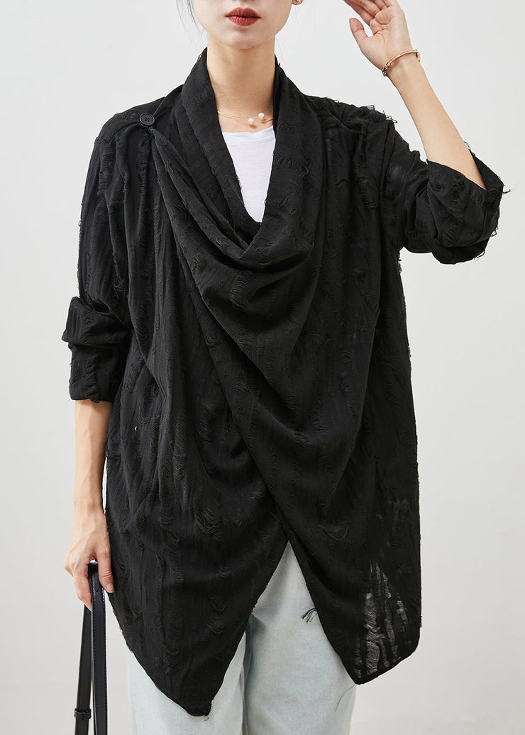 Black Oversized Cotton Ripped Cardigans Asymmetrical Spring