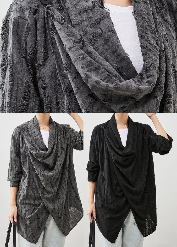 Black Oversized Cotton Ripped Cardigans Asymmetrical Spring