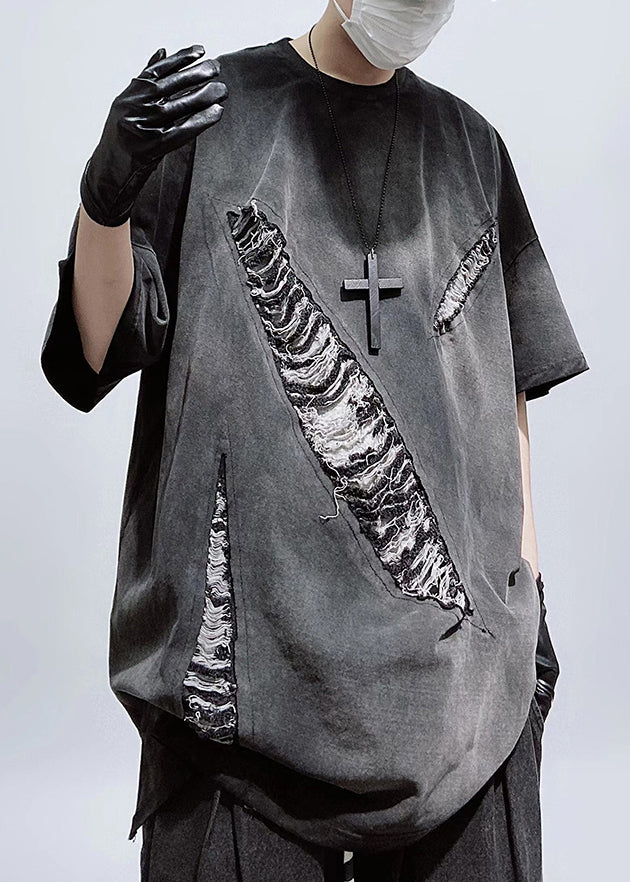 Black Oversized Hole Cotton Men T Shirts O Neck Summe