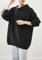 Black Oversized Knit Sweater Tops Zip Up High Neck Winter