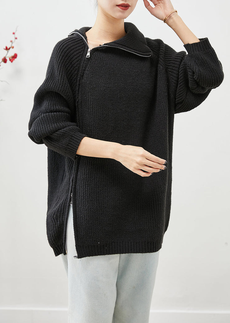 Black Oversized Knit Sweater Tops Zip Up High Neck Winter