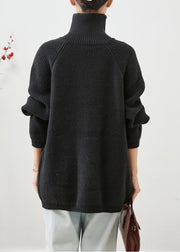 Black Oversized Knit Sweater Tops Zip Up High Neck Winter