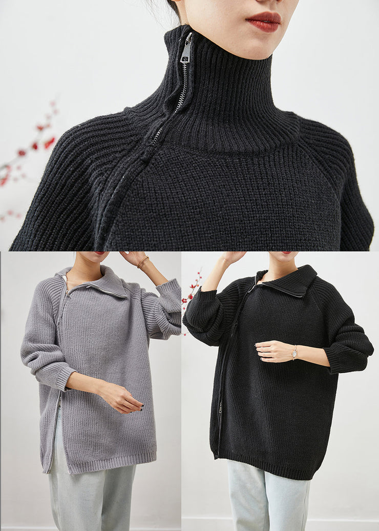 Black Oversized Knit Sweater Tops Zip Up High Neck Winter