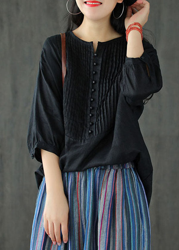 Black Oversized Linen Tank O-Neck Wrinkled Oriental Button Short Sleeve