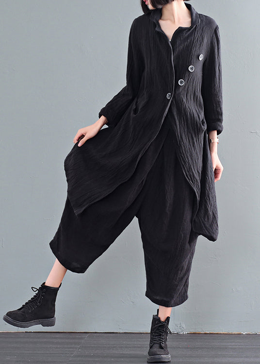 Black Oversized Linen Trench Coats Wrinkled Button Fall