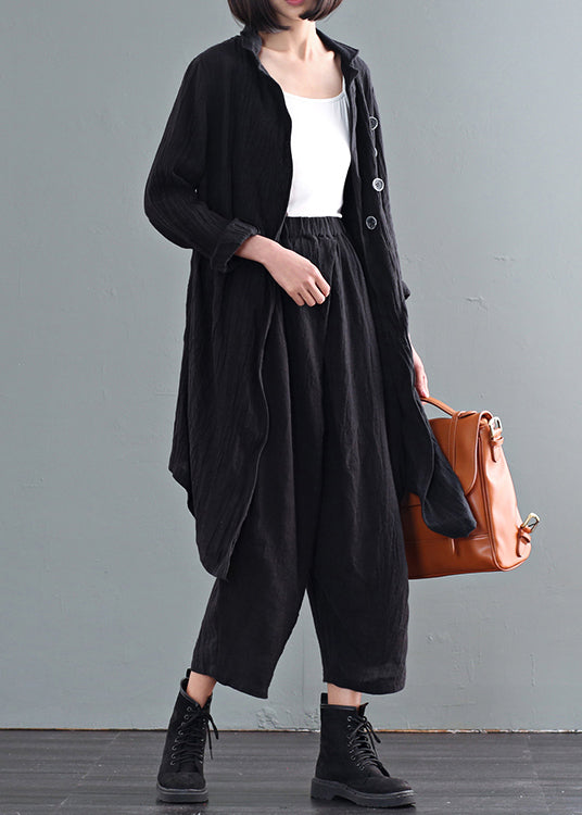 Black Oversized Linen Trench Coats Wrinkled Button Fall