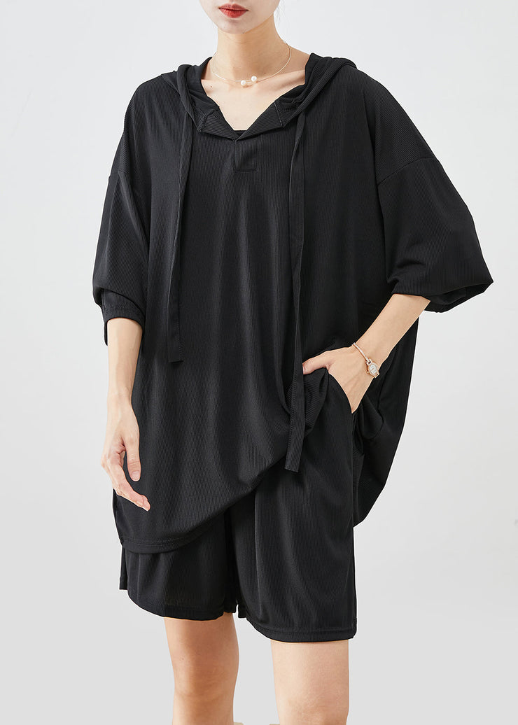 Black Oversized Pullover Sweatshirt Two Piece Suit Set Hooded Summer