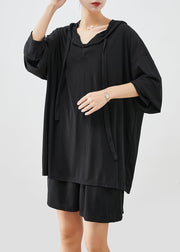 Black Oversized Pullover Sweatshirt Two Piece Suit Set Hooded Summer