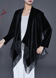 Black Oversized Silk Velour Cardigan Asymmetrical Tasseled Fall