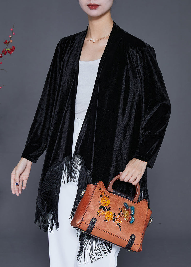 Black Oversized Silk Velour Cardigan Asymmetrical Tasseled Fall