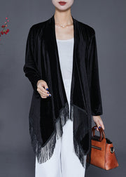 Black Oversized Silk Velour Cardigan Asymmetrical Tasseled Fall