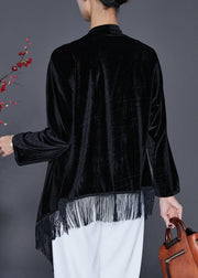 Black Oversized Silk Velour Cardigan Asymmetrical Tasseled Fall