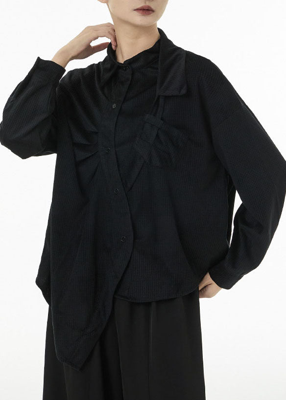 Black Oversized Silk Velour Shirt Top Asymmetrical Design Spring