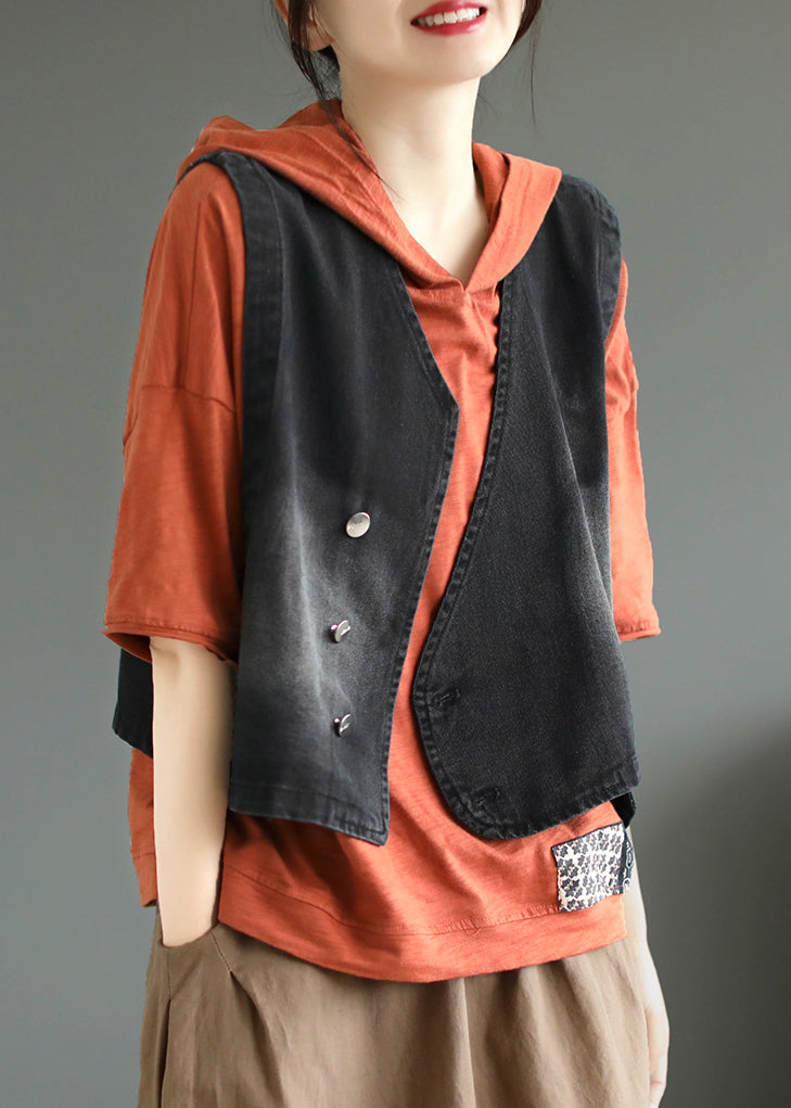 Black Patchwork Button Denim Coat Fall