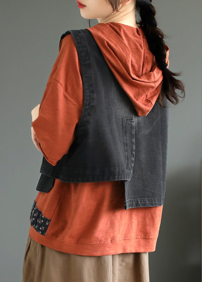 Black Patchwork Button Denim Coat Fall