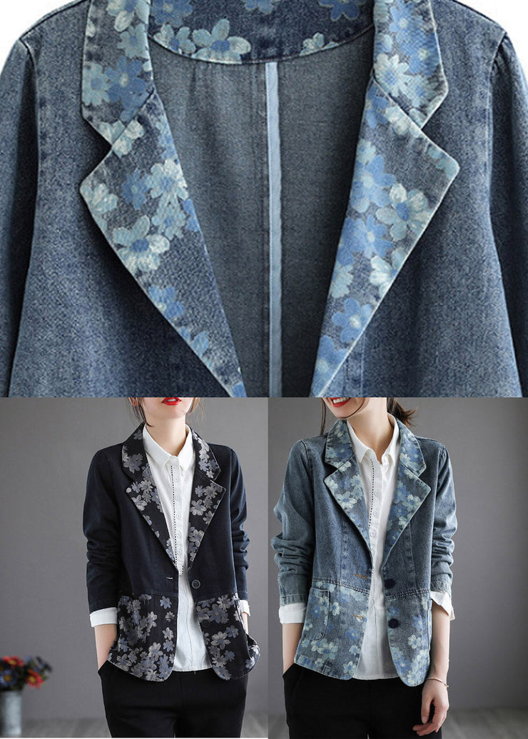 Black Patchwork Button Denim Coat Long Sleeve