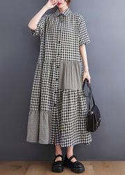 Black Patchwork Button Vacation Long Dresses Short Sleeve