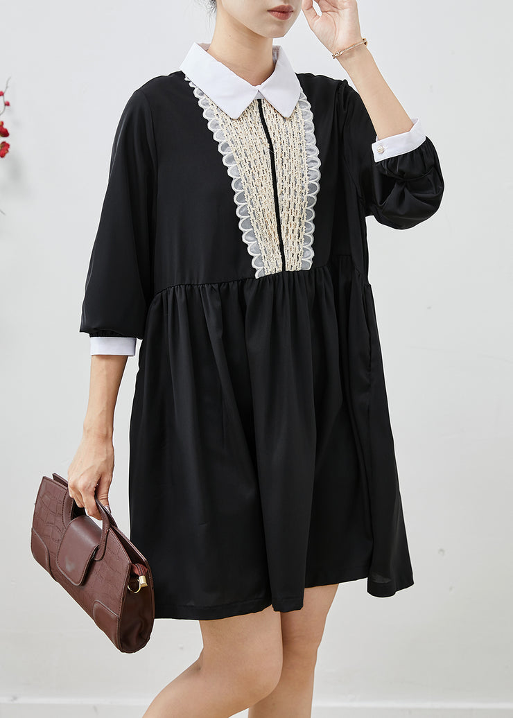 Black Patchwork Chiffon Day Dress Peter Pan Collar Summer