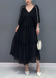 Black Patchwork Chiffon Dresses Ruffled V Neck Summer
