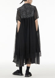 Black Patchwork Chiffon Long Cardigan Peter Pan Collar Sleeveless