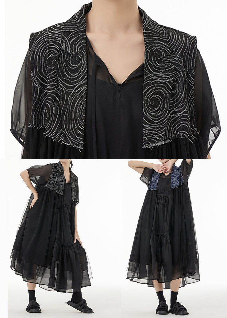 Black Patchwork Chiffon Long Cardigan Peter Pan Collar Sleeveless