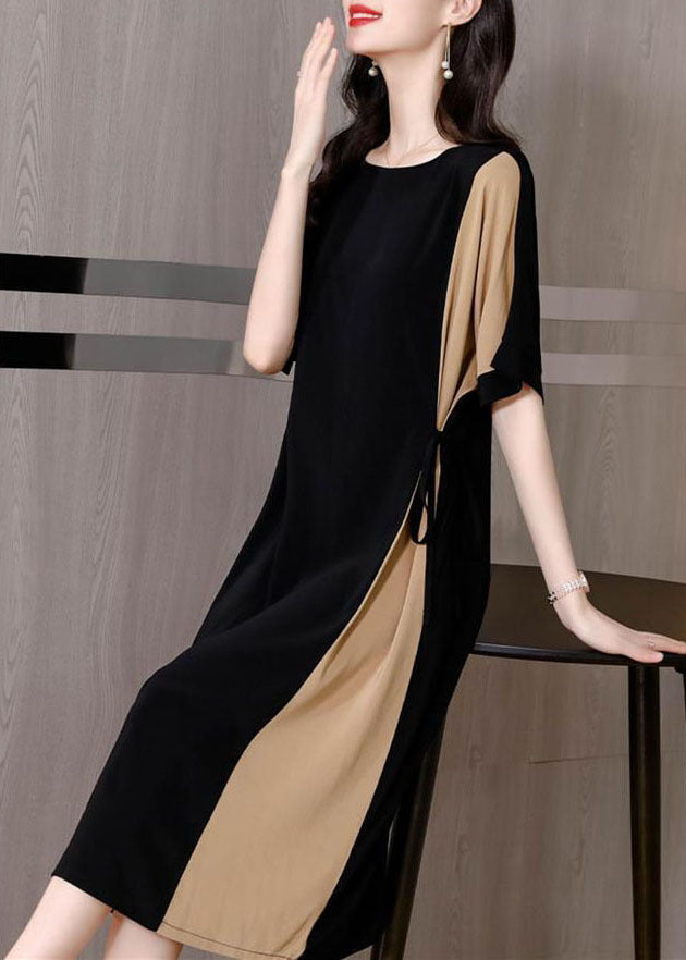 Black Patchwork Chiffon Party Dress Tie Waist Pockets Short Sleeve