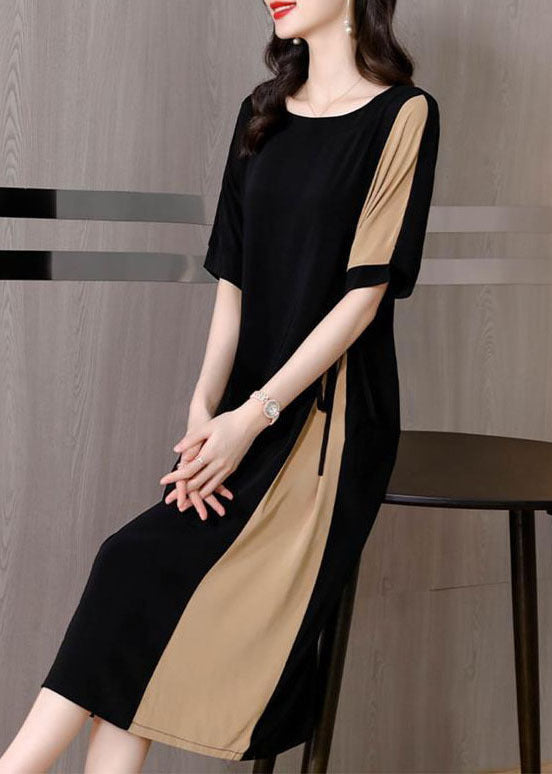 Black Patchwork Chiffon Party Dress Tie Waist Pockets Short Sleeve