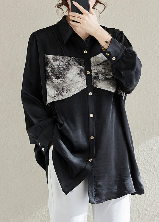 Black Patchwork Chiffon Shirt Top Tie Dye Spring