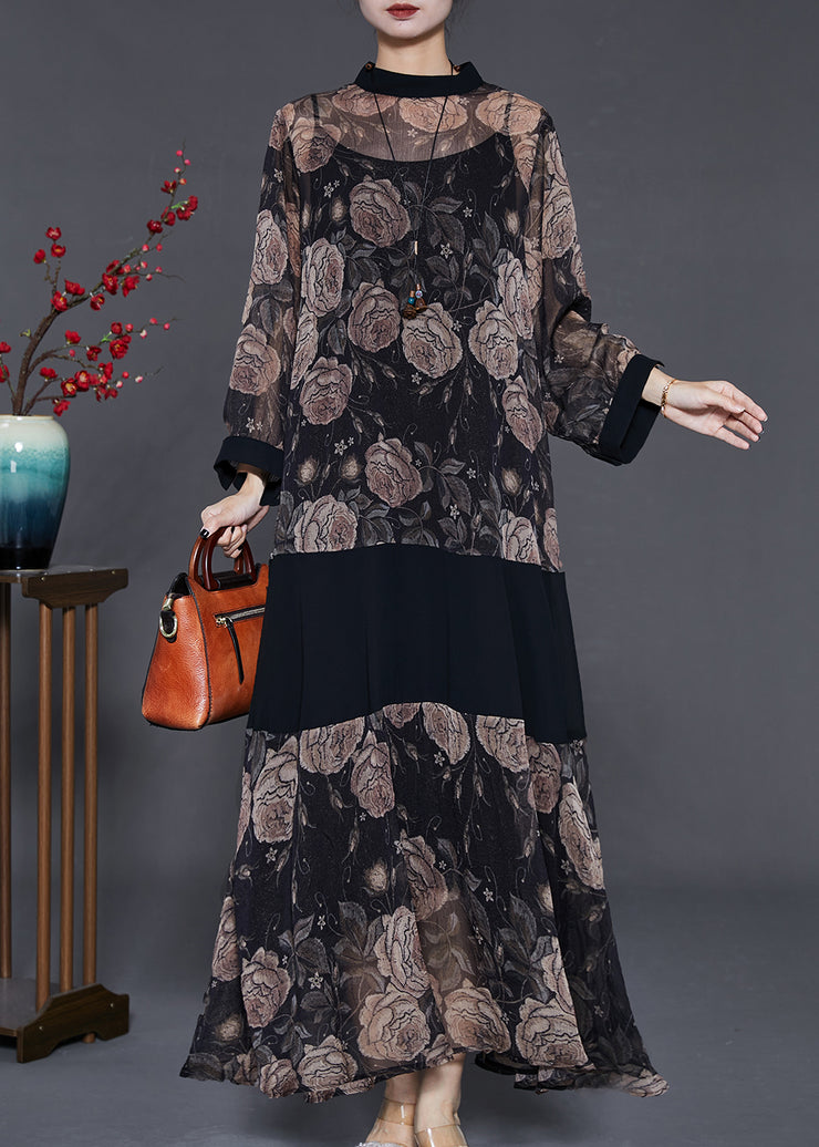 Black Patchwork Chiffon UPF 50+ Dress Two Piece Set Print Summer