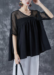 Black Patchwork Cotton Blouse Tops Hollow Out Summer