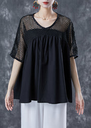 Black Patchwork Cotton Blouse Tops Hollow Out Summer