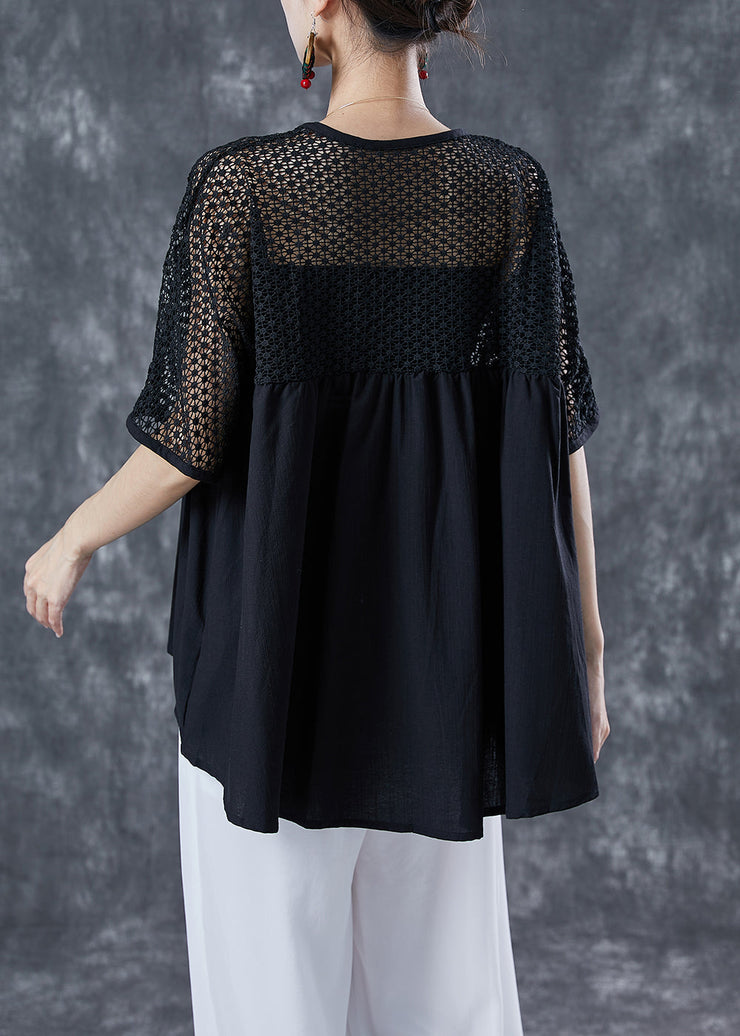 Black Patchwork Cotton Blouse Tops Hollow Out Summer