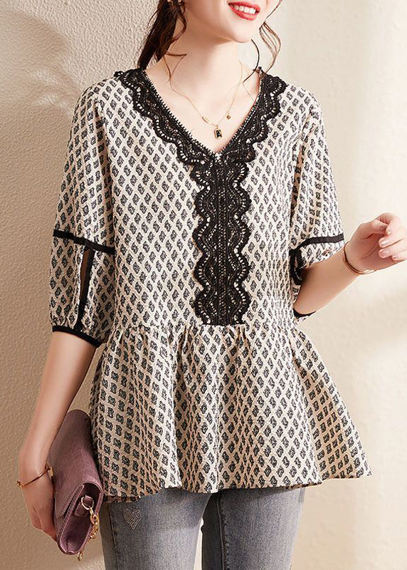 Black Patchwork Cotton Blouses V Neck Puff Sleeve