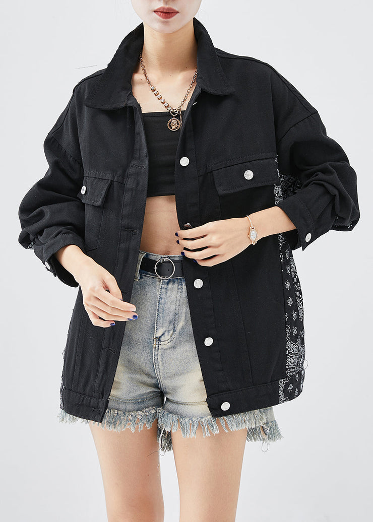 Black Patchwork Cotton Coat Oversized Print Fall