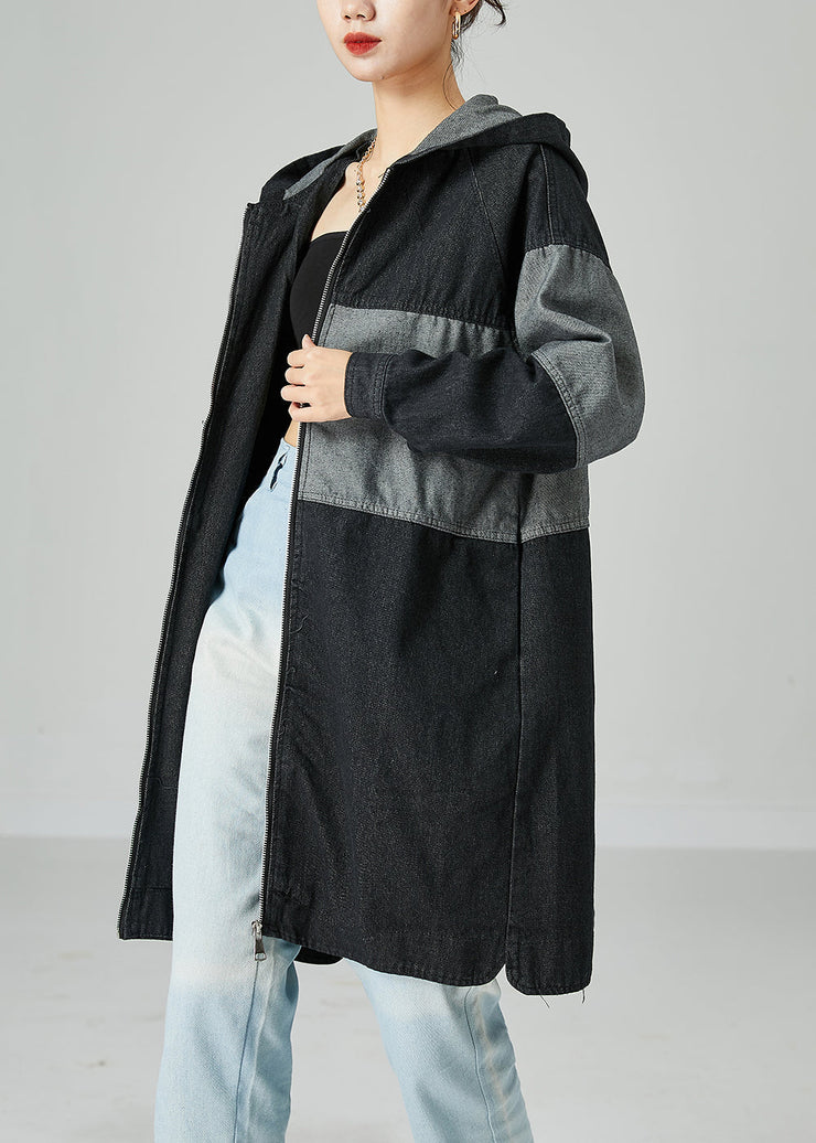 Black Patchwork Cotton Denim Trench Coat Hooded Oversized Spring