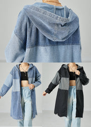 Black Patchwork Cotton Denim Trench Coat Hooded Oversized Spring