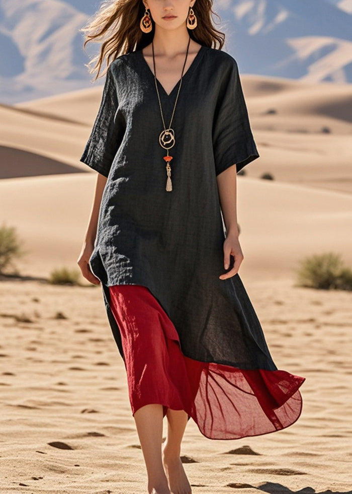 Black Patchwork Cotton Dresses Asymmetrical Summer