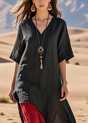 Black Patchwork Cotton Dresses Asymmetrical Summer