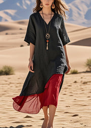 Black Patchwork Cotton Dresses Asymmetrical Summer