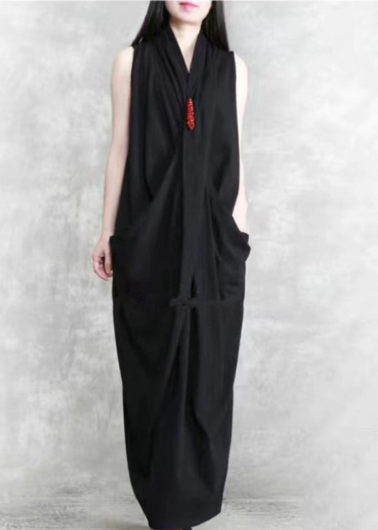 Black Patchwork Cotton Dresses Asymmetrical Wrinkled Sleeveless