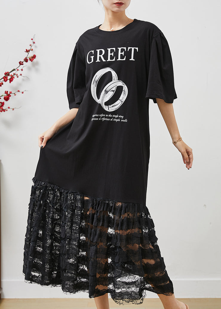 Black Patchwork Cotton Holiday Dress Hollow Out Summer