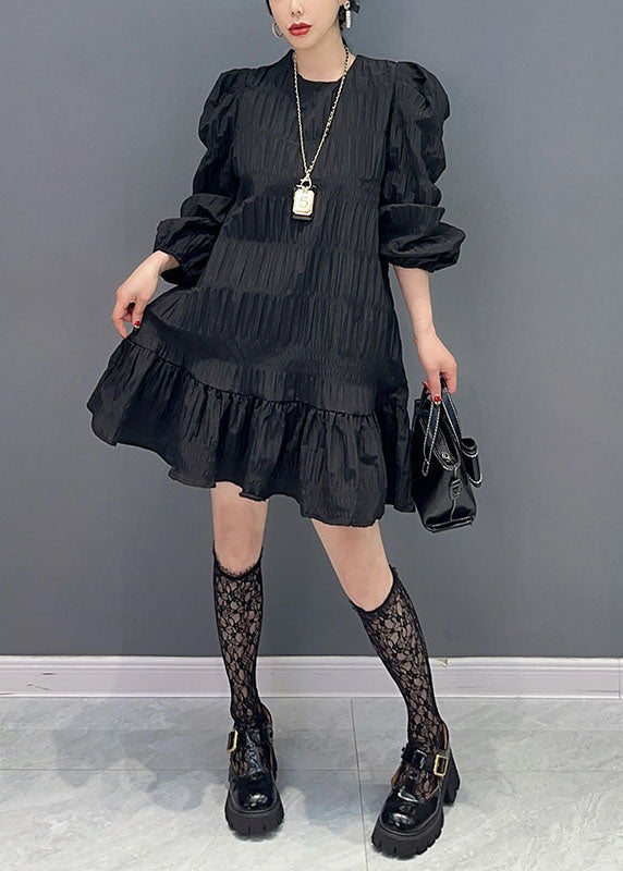 Black Patchwork Cotton Holiday Dress Wrinkled Puff Sleeve